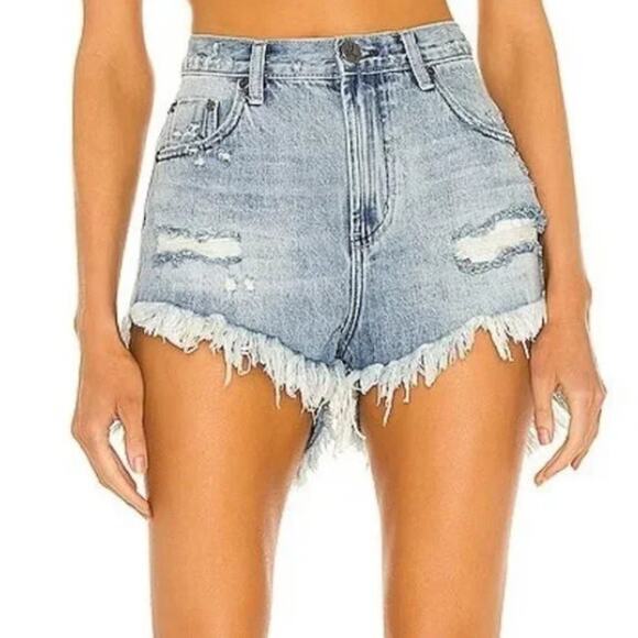 One Teaspoon Shorts Women 22 Outlaws Denim Distressed Festival Grunge Light Wash - Picture 1 of 13